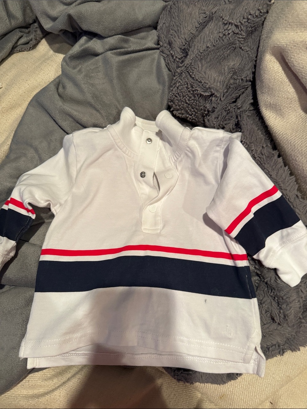 Janie and Jack White Long Sleeve Polo with Navy & Red Stripes